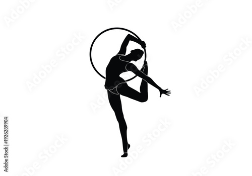 Aerial acrobatics silhouette. Woman performing with an aerial hoop. Grace, strength, and artistic movement concept.