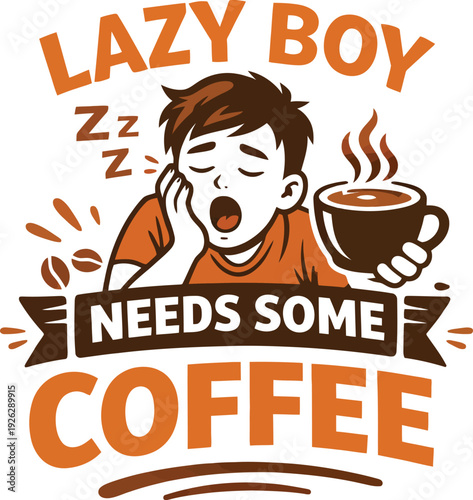 Sleepy Boy Desperately Needs Coffee, Cartoon Style Design
