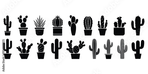 Collection of 18 black silhouette icons of various potted and unpotted cactus plants succulent