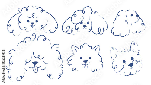 Hand drawn dog faces set in minimal crayon line style. Collection of whimsical puppy head sketches. Suitable for stickers, branding, pet design and children projects.