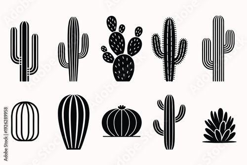 Collection of black cactus silhouettes on a white background Keywords: cactus, succulent, desert plant, desert, flora, botanical