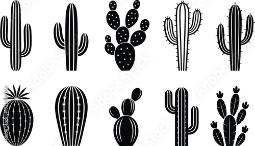 Collection of Black Cactus Silhouettes vector illustration