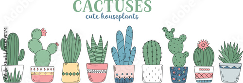 Collection of cute hand-drawn potted cacti and succulents with text CACTUSES cute houseplants