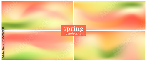 Set of warm pastel spring backgrounds with a soft mesh gradients in green and peach tones