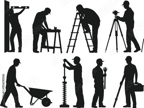 Large collection of black silhouettes featuring construction workers using wheelbarrows ladders surveying equipment and various tools isolated on white background for industrial building projects