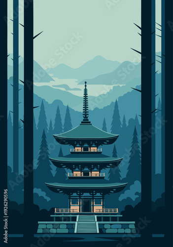 Mystical Teal Mountain Pagoda Stylized Vector Illustration with Illuminated Staircase and Serene Surrounding Trees