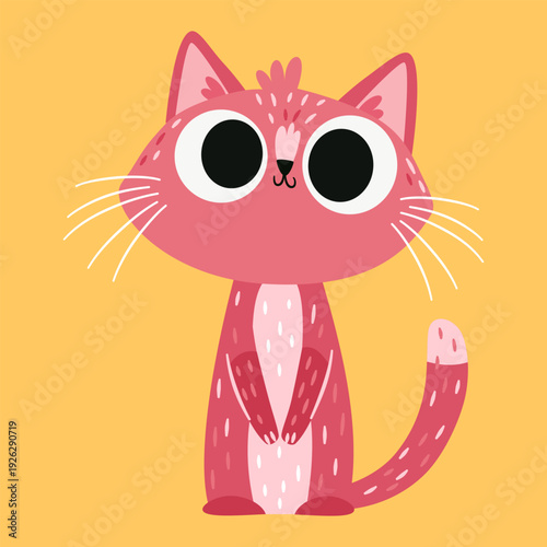 A cute pink cat with big eyes is sitting. A flat vector illustration in a simple children's style. . Vector illustration