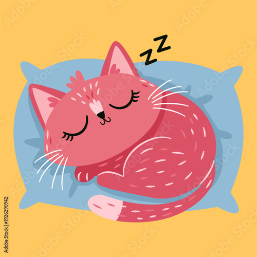 A cute pink cat is sleeping on a pillow. Flat vector illustration in a simple children's style. . Vector illustration