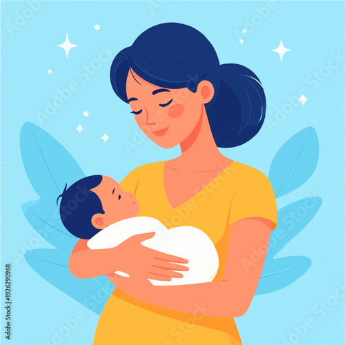A loving mother gently cradling her newborn baby in her arms, surrounded by a serene blue background with subtle stars and leaves, depicting a moment of tender affection and maternal bond.