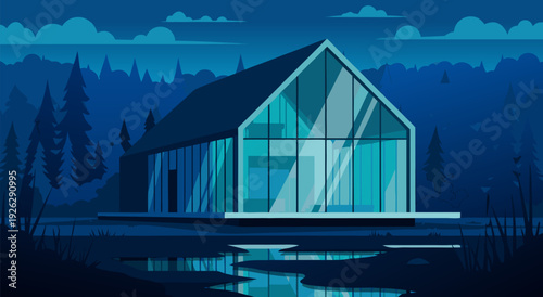 Modern Minimalist House on Water – Vector Illustration of Gable Roof, Glass Wall and Serene Blue Landscape