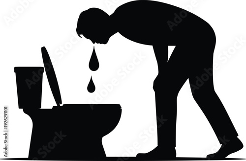 Black silhouette featuring a man leaning over a toilet and vomiting depicting sickness nausea food poisoning or hangover isolated on white background for healthcare