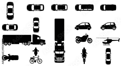 Collection of various vehicles and transportation modes in silhouette form for design.