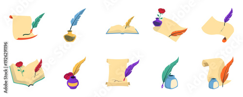 Quill and Parchment Icons Set