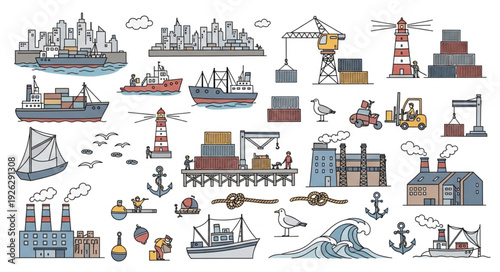 Shipping and industrial port scene with various vessels and infrastructure.