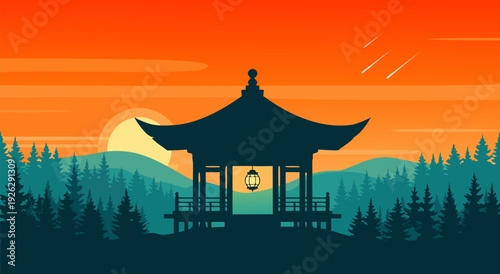 Serene Pagoda with Teal Tiers, Railing, and Porch in Sunset Landscape – Vector Illustration