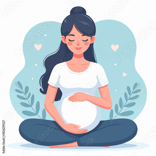 A serene pregnant woman meditating with hands on her belly, surrounded by a peaceful blue background with leaves and hearts, illustrating prenatal wellness.