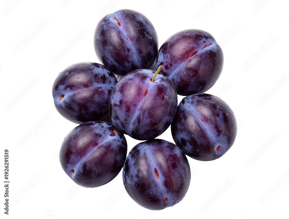 Fototapeta premium Seven Whole Plums Clustered Isolated on Transparent Background