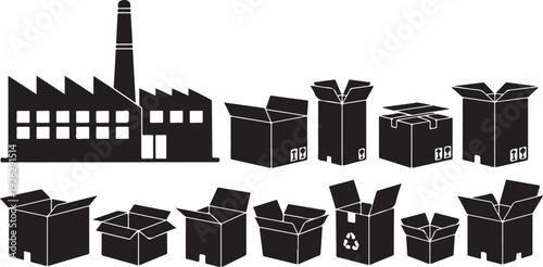 Black and white illustration of boxes and factory building
