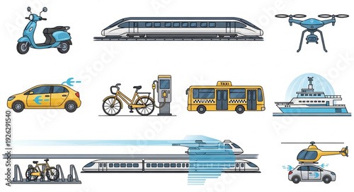 Diverse transportation modes showcasing modern vehicles and sustainable mobility options.