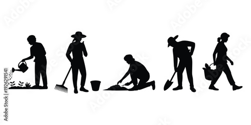 Gardeners planting and watering plants with tools and basket Keywords: gardening, planting, watering, silhouette, people, garden