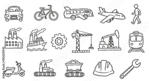 Collection of various transportation and industrial objects in sketch style.