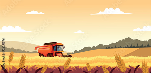Modern orange combine harvester working in a golden wheat field during harvest season. Vector cartoon illustration of agricultural machinery in rural countryside landscape with hills and clear sky