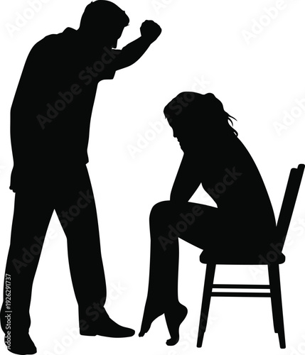 Black silhouettes featuring a man standing with a raised fist over a woman sitting in a chair depicting domestic violence and emotional abuse isolated