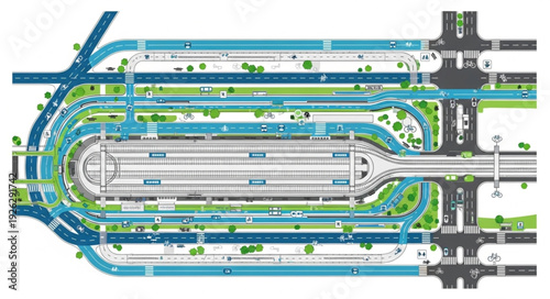 Detailed aerial view of a modern transportation hub infrastructure design.
