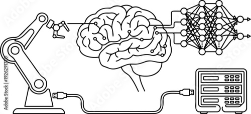 Line art vector of an AI and machine learning concept featuring a brain, robotic arm, neural network, and server