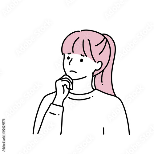 シンプル線画　顎に手をあてているポニーテールの女性　困り顔