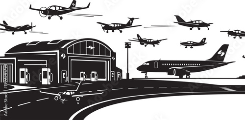 Airplanes flying over airport runway and hangar building illustration