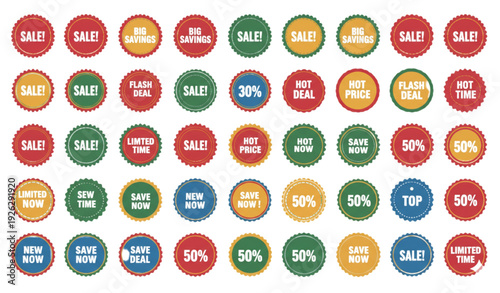 A colorful collection of sale stickers and badges for advertising and marketing