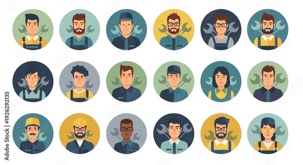 Fototapeta premium Collection of Male Worker Avatars and Icons.