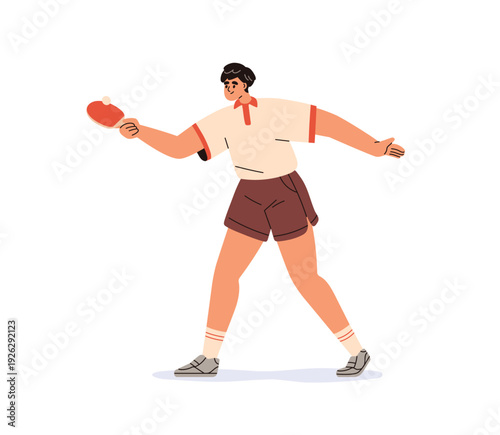 Ping pong player. Young man athlete, table tennis game with racket paddle. Sport character serving, hitting ball with pingpong racquet. Flat vector illustration isolated on white background