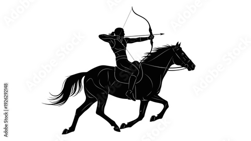 Black silhouette of a centaur aiming a bow and arrow while riding a horse against a white background.