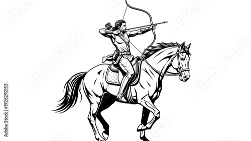 Black and white illustration of a cowboy riding a horse while shooting a bow and arrow in a dynamic pose against a plain white background.