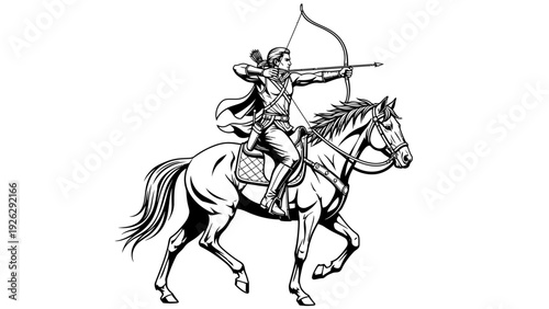 A black and white illustration of a cowboy riding a horse while aiming a bow and arrow in a dynamic pose against a plain white background.