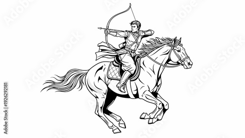A man in ancient attire rides a horse while aiming a bow and arrow against a plain white background with a monochromatic color scheme.