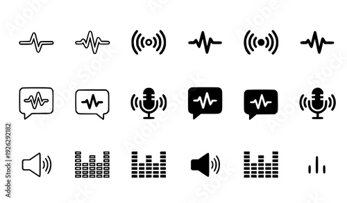 A set of black and white vector icons representing sound and audio