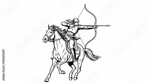 A black and white illustration of a cowboy riding a horse while aiming a bow and arrow in a dynamic pose against a plain white background.