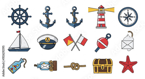 Nautical themed collection of various maritime symbols and objects isolated.