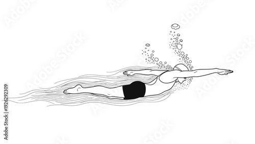 Illustration of a female swimmer in a streamlined position with bubbles rising from her face against a plain white background.