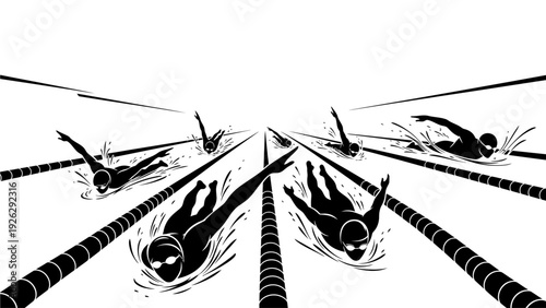 Symmetrical illustration of four skiers in black silhouette skiing down mountain slopes with ski lifts on a white background.