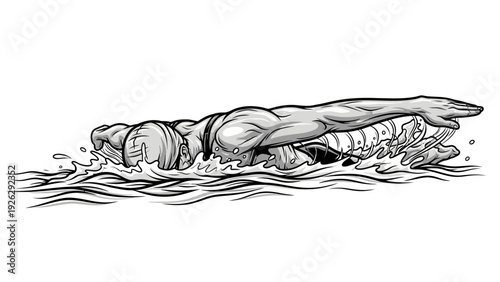 A male swimmer in a streamlined position swimming in water with a dynamic splash effect around him in a grayscale illustration.