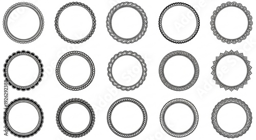 Collection of various decorative black and white circular frames and borders arranged in a grid pattern on white background