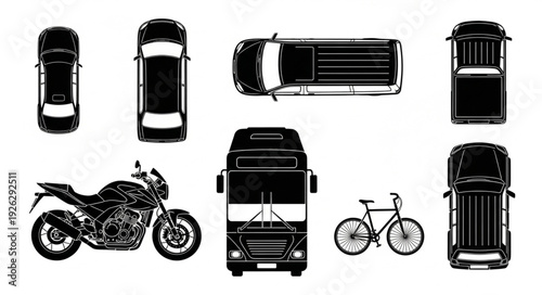 Collection of various vehicles including cars, a motorcycle, a bus, and a bicycle, all in a top-down view.