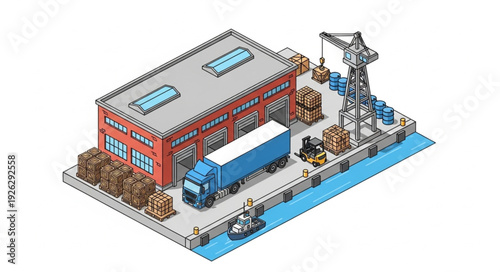 Isometric Factory Building with Crane.