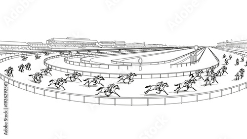 Black and white illustration of jockeys riding horses in a curved racetrack with a fence and grandstand in the background.