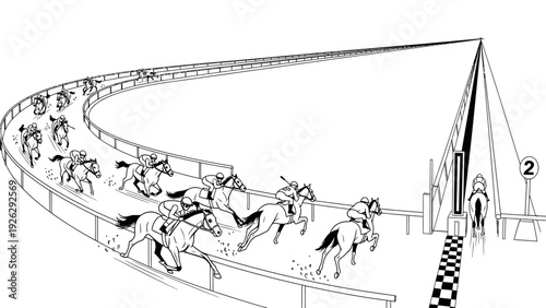 A black and white illustration of jockeys riding horses around a curved racetrack with a checkered finish line and a numbered post.