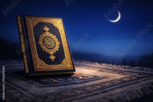 Holy Quran and Lantern Moonlight Night – Ramadan Concept
